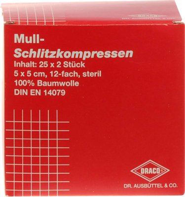 SCHLITZKOMPRESSEN Mull 5x5 cm steril 12fach